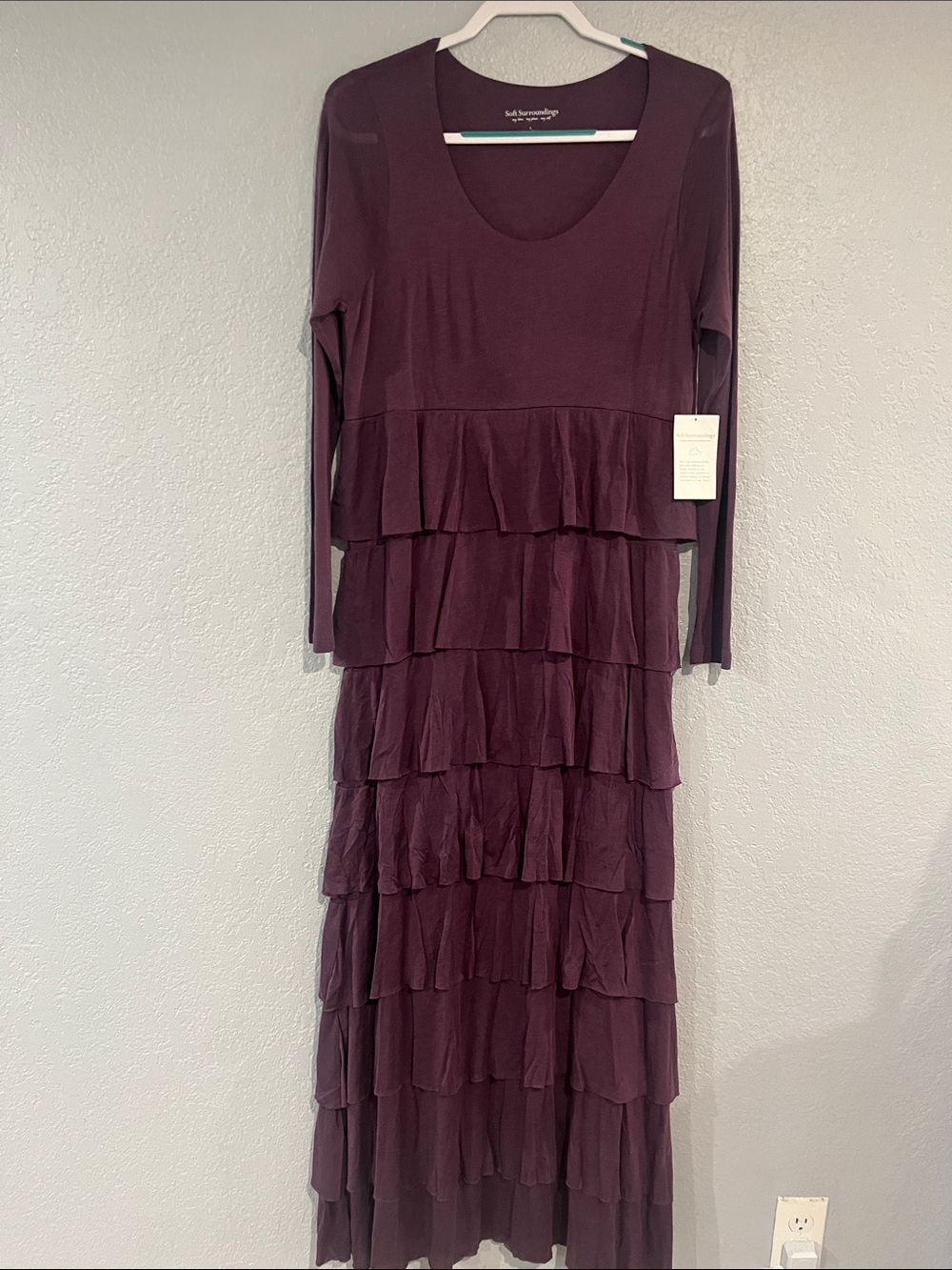 Soft Surroundings Plum Long-Sleeve Tiered Maxi Dress